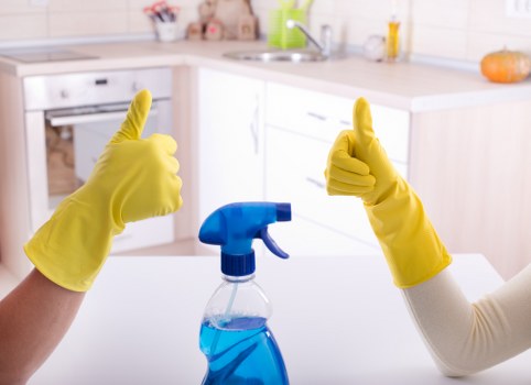 Carpet cleaning operative assessing a work area for safety