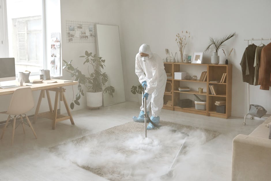 Close-up of a vacuum cleaner head actively cleaning a patterned carpet in a residential setting, with a person wearing white shoes and dark pants visible in the background. The carpet features intrica